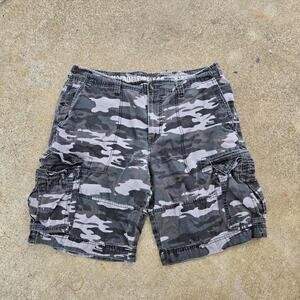 Vtg Y2k MOSSIMO MossIssue Urban Grey Camo All Over Print Skate Cargo Shorts 35